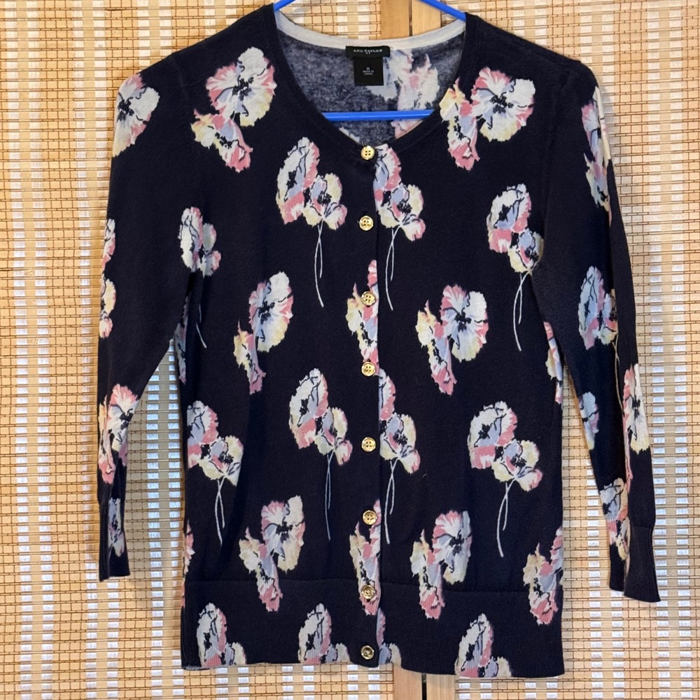 Ann Taylor Navy Floral Button Front Cardigan Sweater Cotton Gold Buttons Size M
